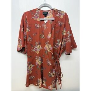 Vixbe Floral Wrap Romper Women's 1X Rust Boho Kimono Sleeve Tie Waist #57